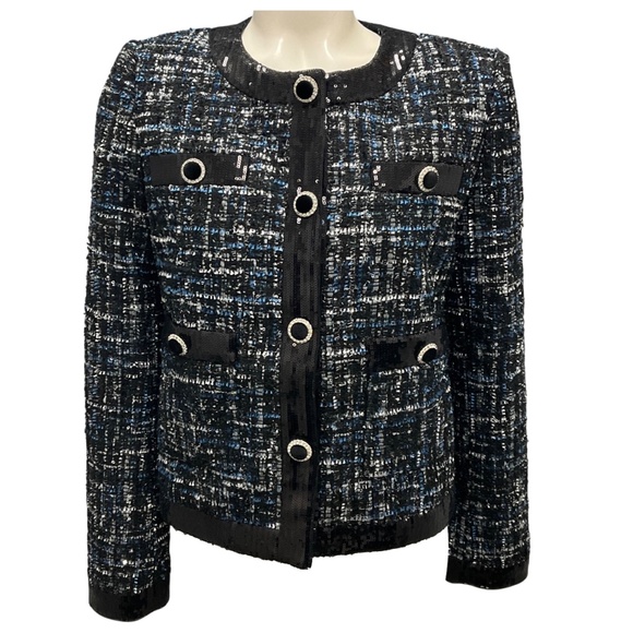 REBECCA VALLANCE BLACK / BLUE SEQUIN TRIM BUTTON FRONT TWEED JACKET - Picture 1 of 7